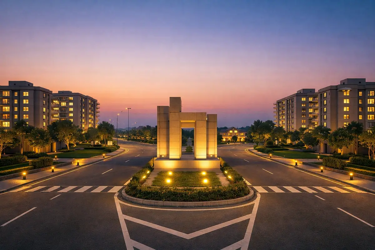 Grand entrance boulevard with landscaped roads in Reliance MET City Jhajjar