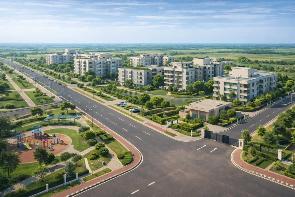Wide internal roads and residential community in Reliance MET City Jhajjar