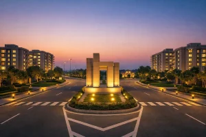 Grand entrance boulevard with landscaped roads in Reliance MET City Jhajjar
